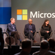 Microsoft CEO Satya Nadella, second from left, answers a shareholders question while President and Chief Legal Officer Brad Smith, Executive Vice President and CFO Amy Hood and Board Chairman John Thompson listen during the Microsoft Annual Shareholders Meeting at the Meydenbauer Center on November 28, 2018 in Bellevue, Washington.